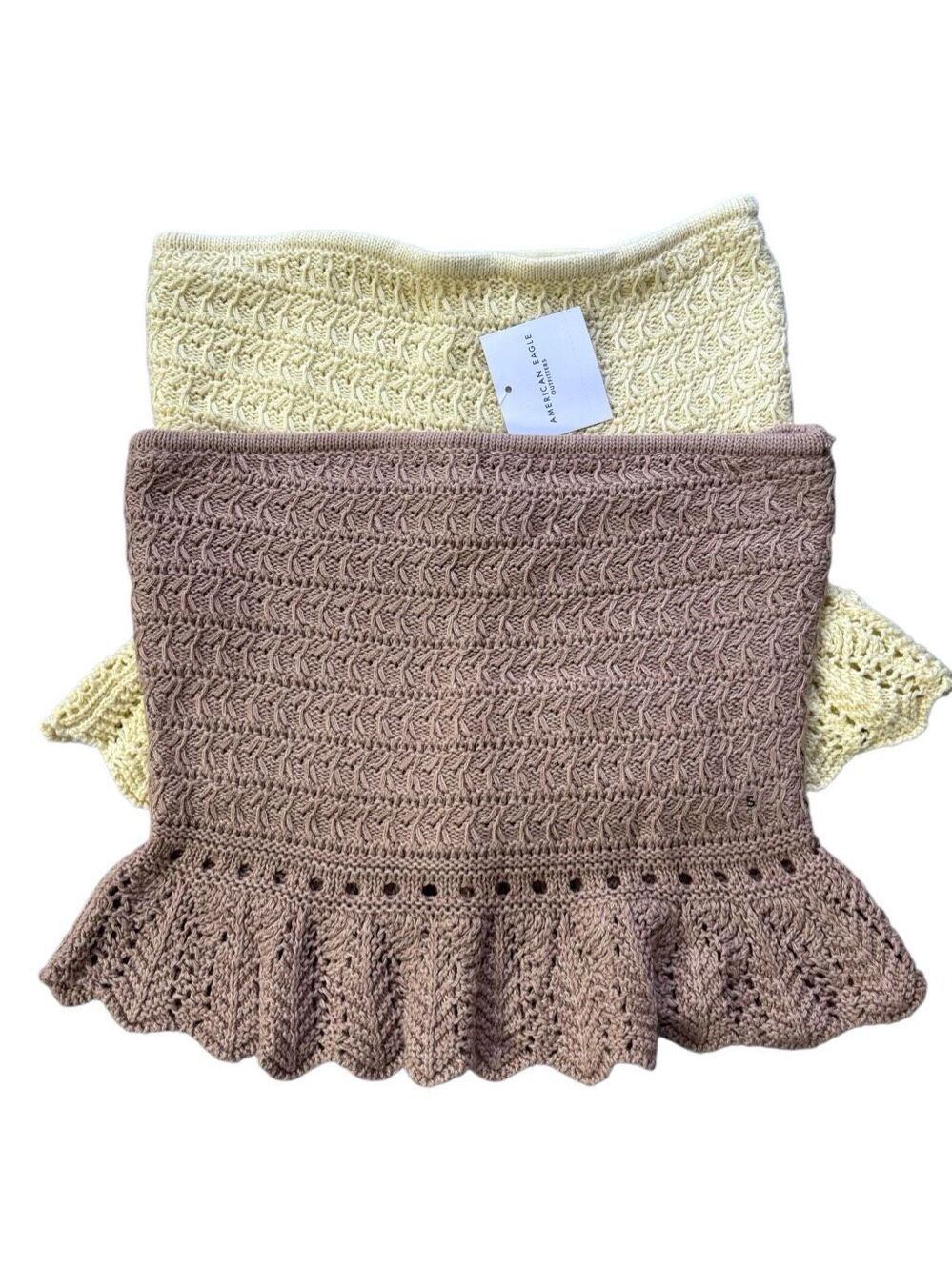 American Eagle Crochet Cropped Peplum Tube Tops yellow taupe small